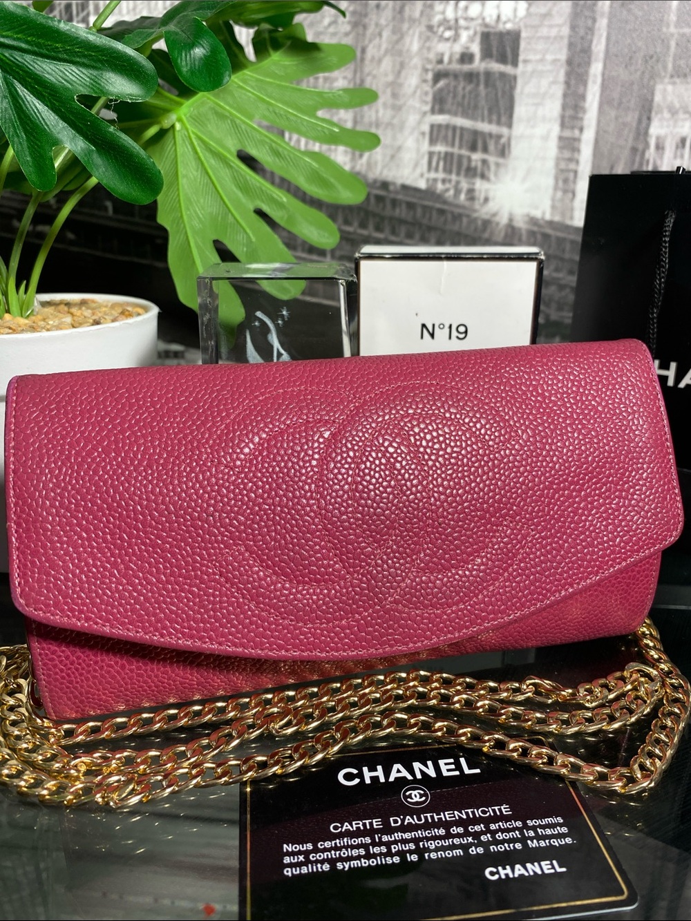 Authentic CHANEL Pink COCO Mark Caviar Skin Clutch Purse